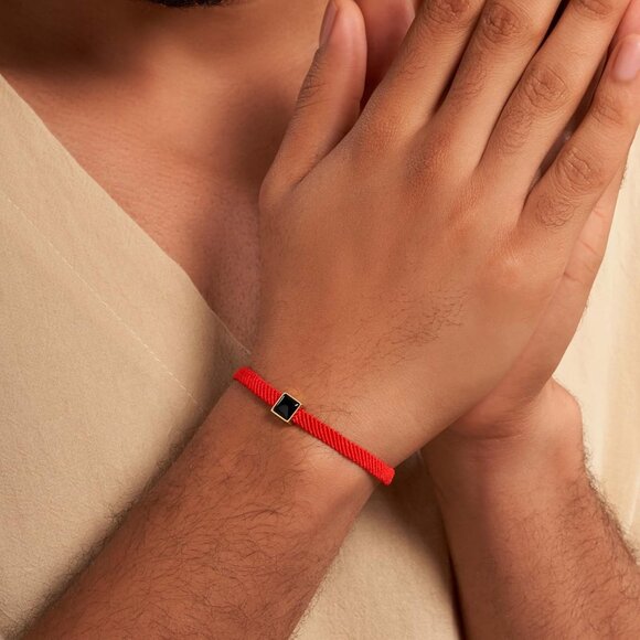 Red String Bracelet with Black Onyx Jade Tiger Eye Lapis Lazuli Handmade - Picture 3 of 6